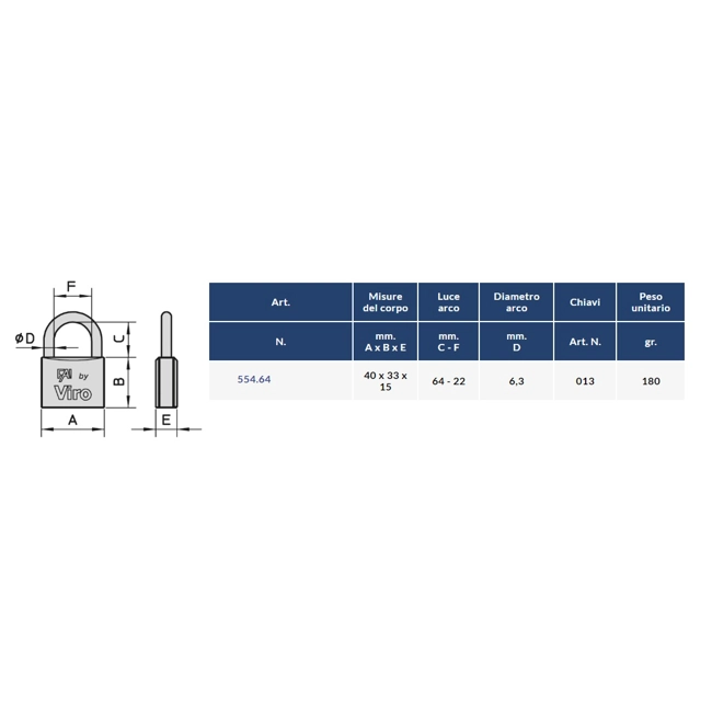 Vendita online Lucchetto arco lungo 40 mm. L.64  art.554.64